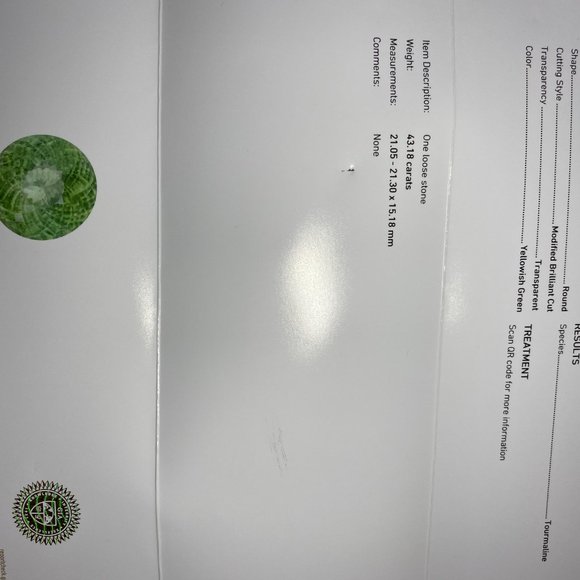 GIA Certified Yellow Green Tourmaline 43.18ct - Picture 7 of 7